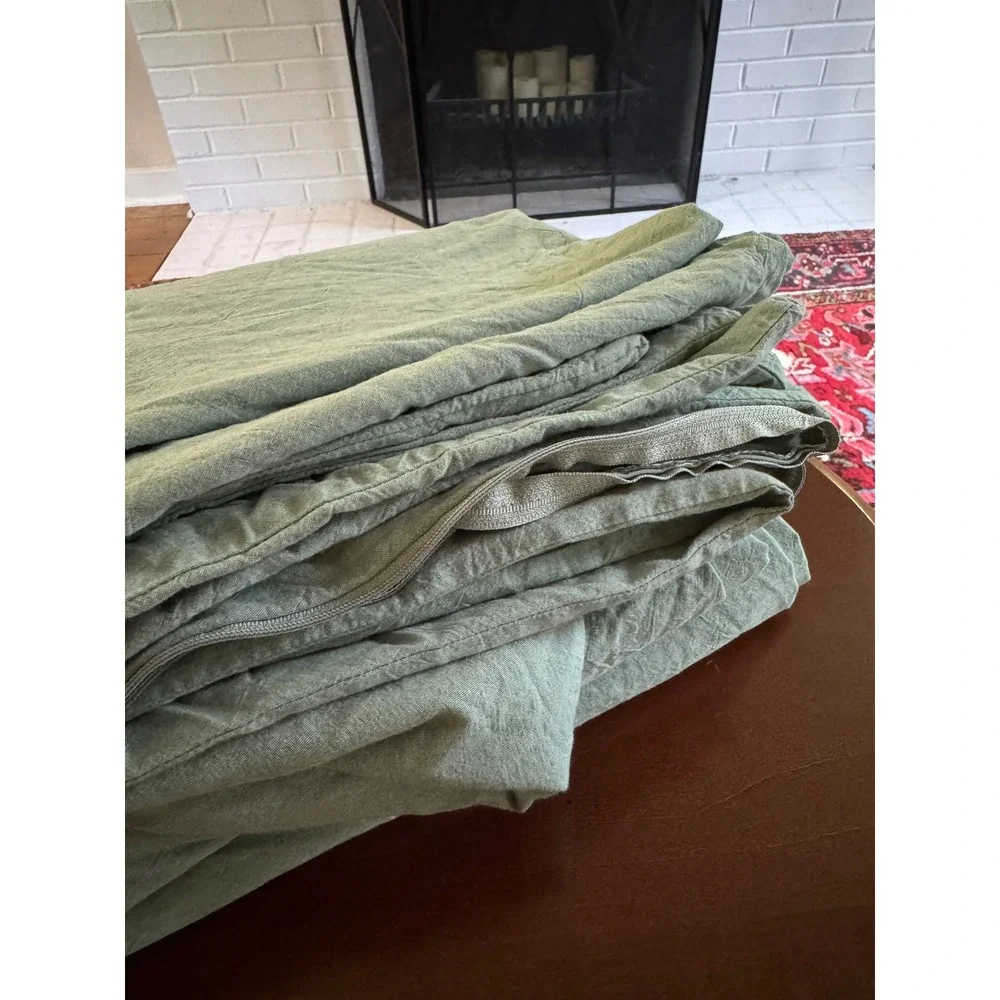 MooMee King Duvet Cover Heathered Green 100% Washed Cotton Linen Like Textured